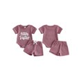 thumbnail image 2 of BemeyourBBs Newborn Baby Girls Little Sister Outfits Infant Girl Summer Clothes Waffle Knit Letter Embroidery Short Sleeve Romper and Elastic Waist Shorts Set, 2 of 9
