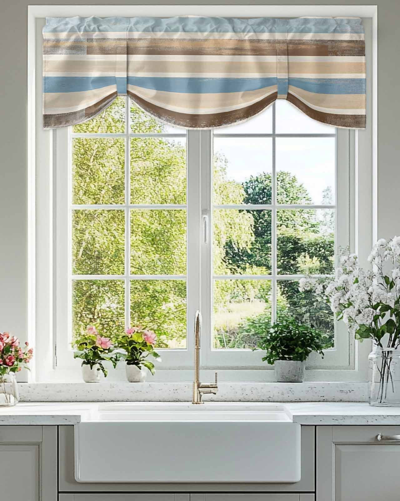 Abstract Gradient Stripe Tie Up Valances Curtain, Brown Blue Watercolor Kitchen Valances for Windows Decor, Rod Pocket Short Curtains Set for Bedroom/Bathroom, 60"x18"
