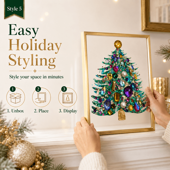 Jeweled 3D Christmas Tree Transparent Framed Art, Gold-Tone Frame with Rhinestones, Pearl Beads & Faceted Gems, Indoor Tabletop Holiday Decor for Mantel, Shelf, Desk & Entryway