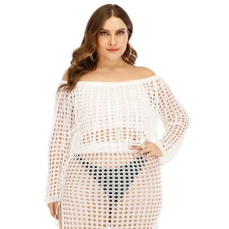 Women's Hollow Out Cover Up Top Long Sleeve See Through Sexy Fishnet Crop Top T-Shirt with Tassels (Plus Size)