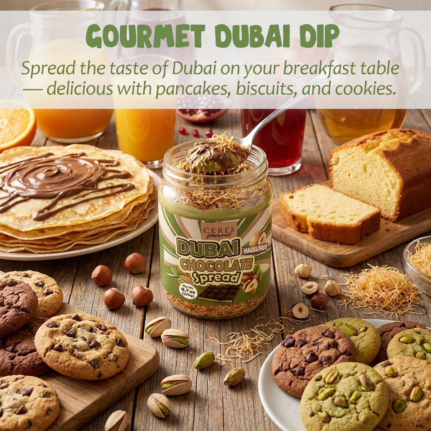 Ceres Gourmet Chocolate Spread, Pistachio Cream, Crispy Kataifi Phyllo, Chunky Roasted Hazelnuts, Belgian Chocolate, 1 Pack, 9.7 Oz