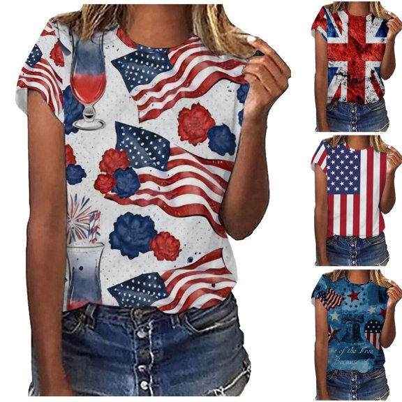 Fesfesfes Basic Short Sleeve Shirt Women Women Casual T-shirt Independence Day Printed Round Neck Short Sleeve Pullover Blouse Tops Womens T Shirt 12(XXL)