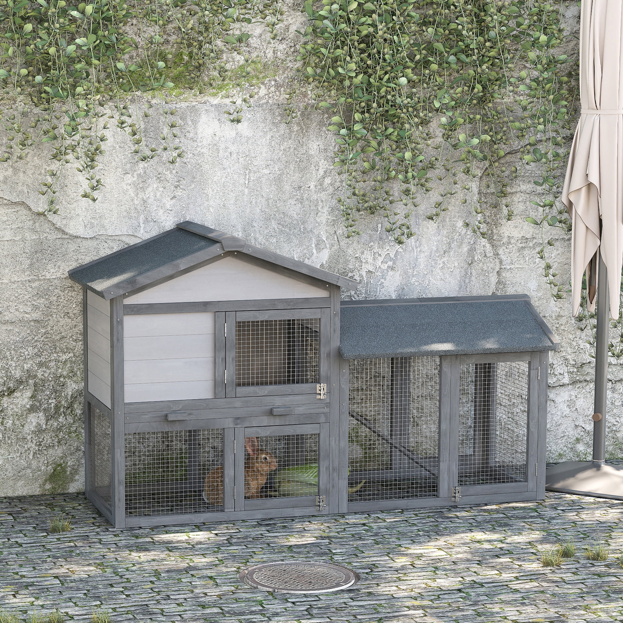 58" Rabbit Hutch, Wooden Bunny Hutch, Guinea Pig Cage, Small Animal Enclosure with Run Area, Removable Tray, Asphalt Roof, Lockable Doors and Ramp, Dark Gray