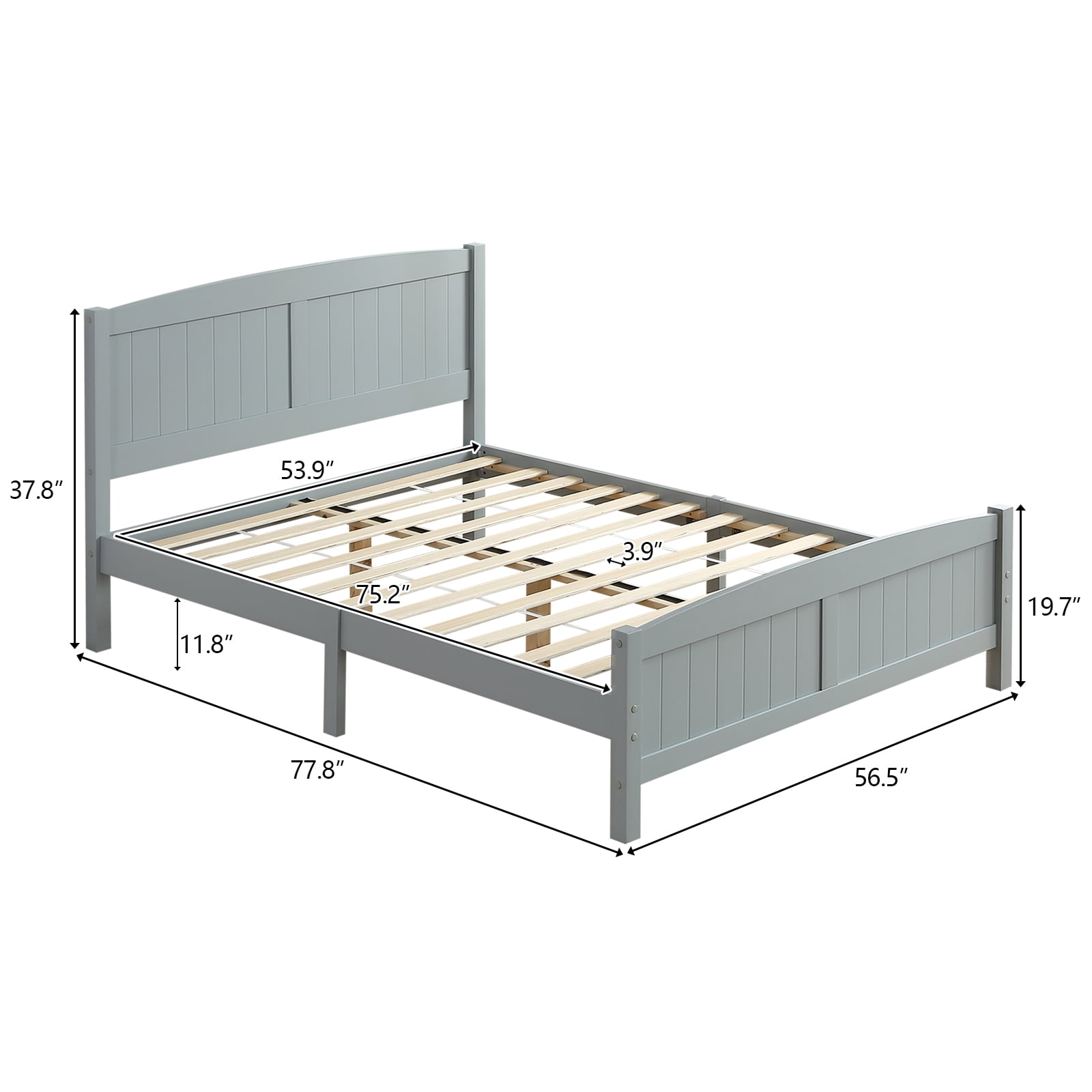 Full Single Bed Frame Vertical Striped Decorative Curved Headboard and Footboard Bed Frame Painted + Melamine Veneer & Pine + MDF Wood Bed, 77.8*56.54*37.8in Grey