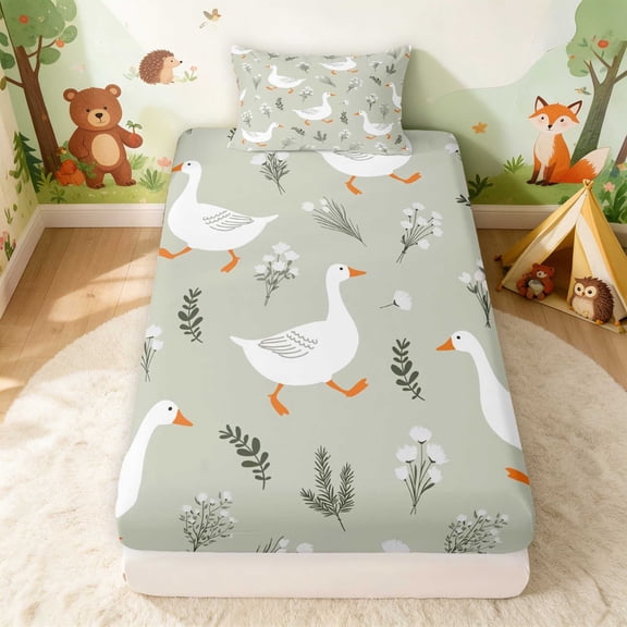 Erosebridal Goose Twin Fitted Sheet for Girls, Sage Wildflowers Bedding, 2 Pieces 1 Fitted Sheet and 1 Pillowcase