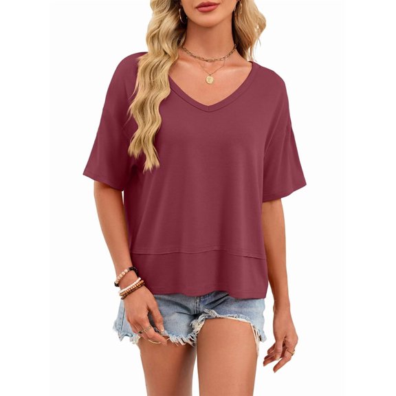 Womens Summer V Neck T Shirts Casual Short Sleeve Flowy Tops Cute Loose Fit Basic Tees Wine Red XL