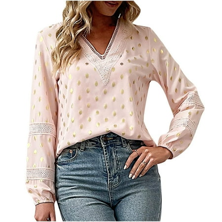 

Bospose Long Sleeve Shirt Women Women V-Neck Shirt Corset Shirt Lace Top Pink Bandana Top Stitch Sweatshirt Women S Hot Stamping Polka Dot Hollow Hoodless ing Casual Top Hot Stamping Polka Dot Hollow