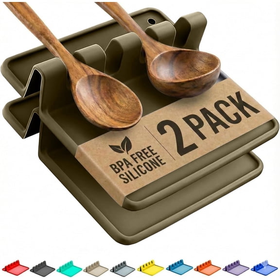 Cooler Kitchen Stone Silicone Spoon Rest for Stove Top with Drip Pad (Two Pack) - Heat Resistant BPA Free Utensil Rest & Spoon Holder for Kitchen Counter - Grill Utensil Holder - Spatula Holder