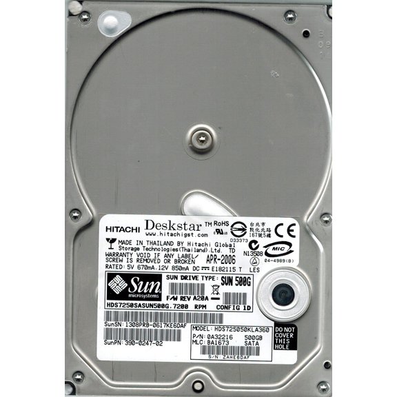 Hitachi HDS725050KLA360 P/N: 0A32216 MLC: BA1673 500GB SUN
