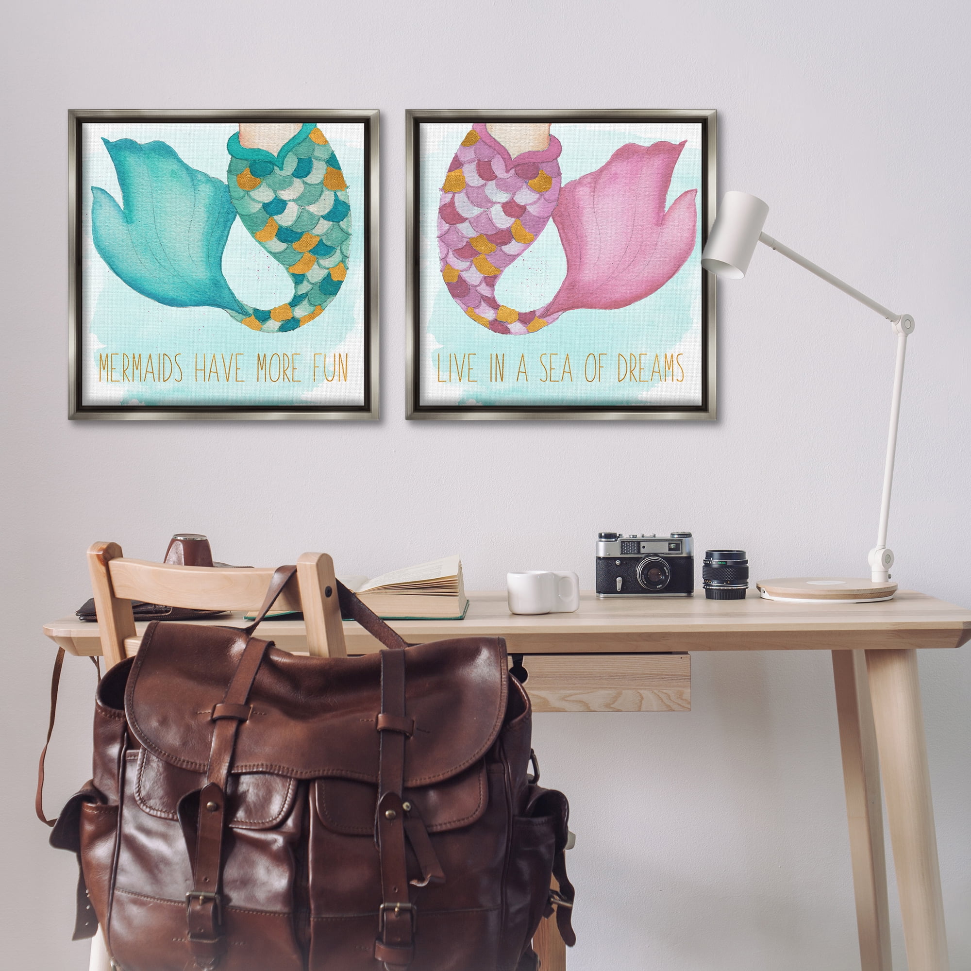 Stupell Industries Fun Mermaid Tails Fantasy & Sci-Fi Painting Gray Floater Framed Canvas Art Print Wall Art, 25 x 25, Set of 2