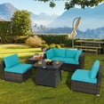 thumbnail image 2 of Topbuy 6-Piece Patio Furniture Set with 30" Propane Fire Pit Table Outdoor PE Wicker Conversation Set with Cushions and Tempered Glass Coffee Table Turquoise, 2 of 10