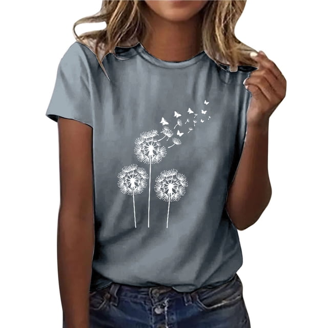RKSTN Hauts d'Été pour Femmes 2023 Tendance Décontracté T-Shirt Imprimé Pissenlit Col Rond Manches Courtes Chandail Blouse T-Shirts