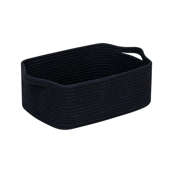 Cotton Rope Storage Basket, Black Woven, 1 Pack Rectangle Storage Bin with Built-in Handles, for Organizing Closet Shelves Bathroom Bedroom Living Room Nursery