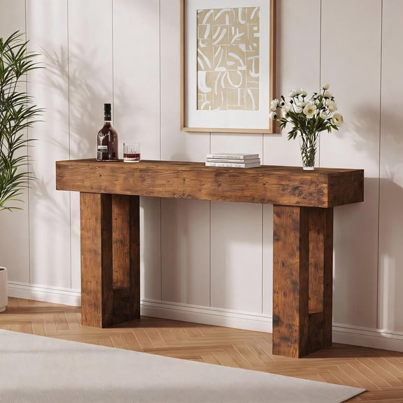 61" Farmhouse Console Table for Entryway, Vintage Rustic Entryway Table with Open Storage Shelves, Relief Sofa Table Behind Couch for Hallway, Living Room, Foyer