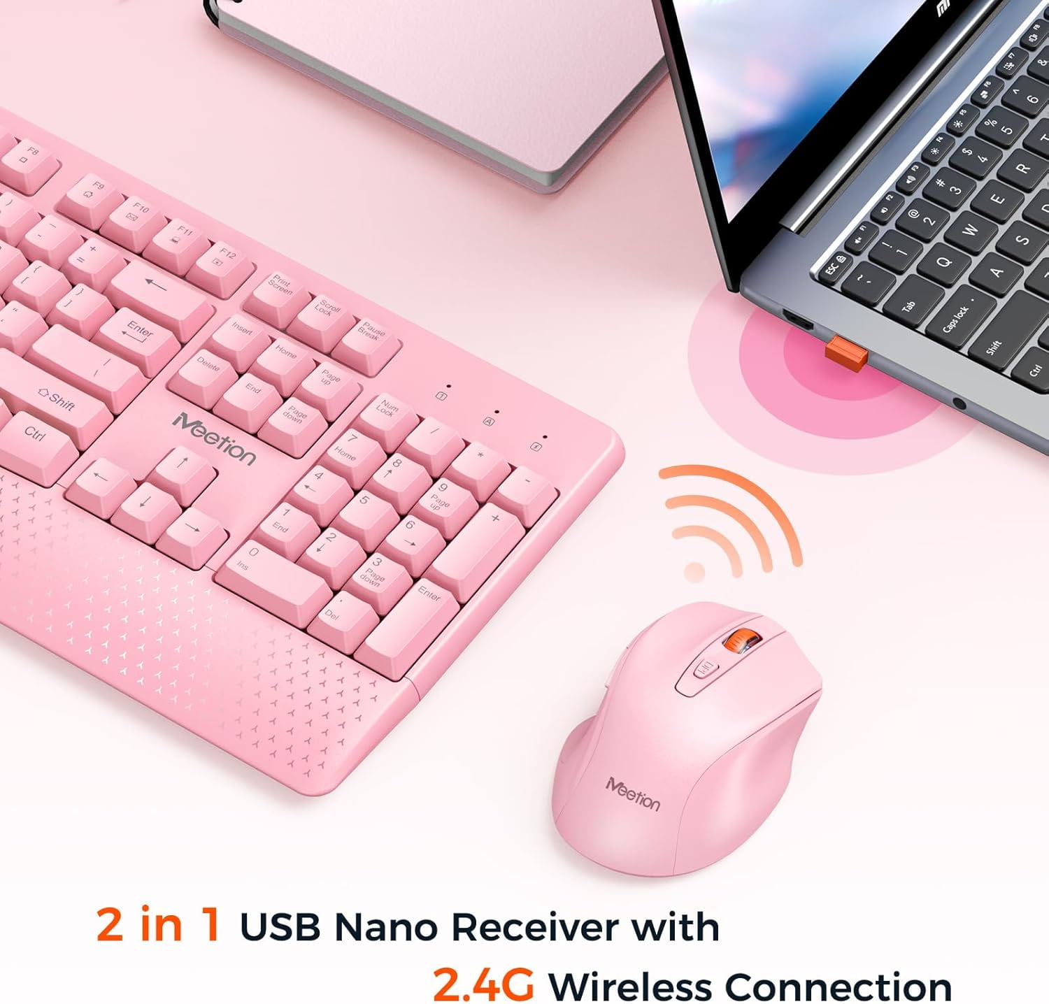 Wireless Keyboard and Mouse, Full-Sized Cordless Keyboard with Wrist Rest and 3 DPI Adjustable Mouse, 2.4G Wireless, Compatible with PC/Computer/Laptop/Windows/Mac, Pink