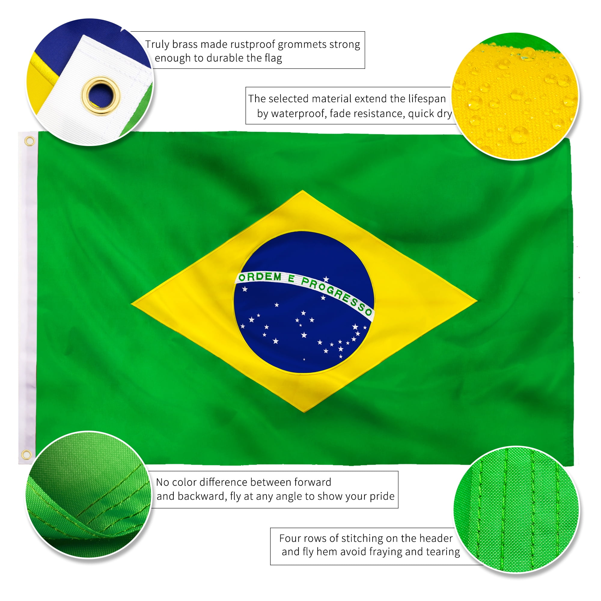 Brazil Brazilian Flag 3x5 Outdoor, Double Sided Embroidered 210D Nylon Brazilian National Country Flags