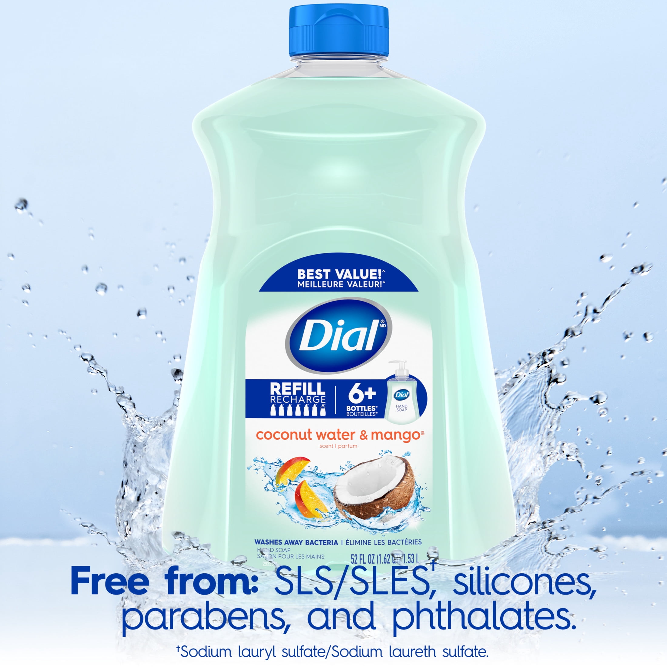 (3 pack) Dial Clean + Gentle Liquid Hand Soap Refill, Coconut Water & Mango Gentle Hand Soap, 52 oz