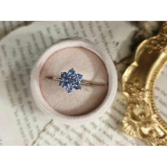 Vintage Silver Ring Blue Tanzanite Gemstone Flower Ring Crystal Birthstone Ring Sterling Silver Band Crystal Cluster Cocktail Wedding ring.