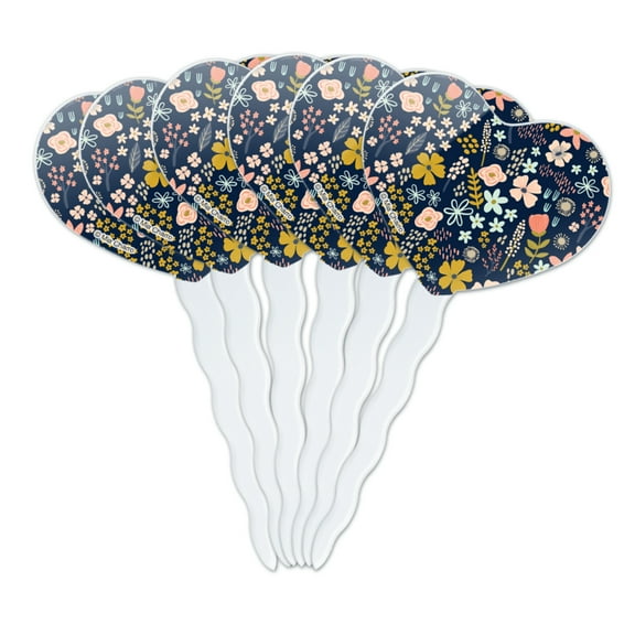 Mimi Flowers Floral Pattern Heart Love Cupcake Picks Toppers Decoration Set of 6