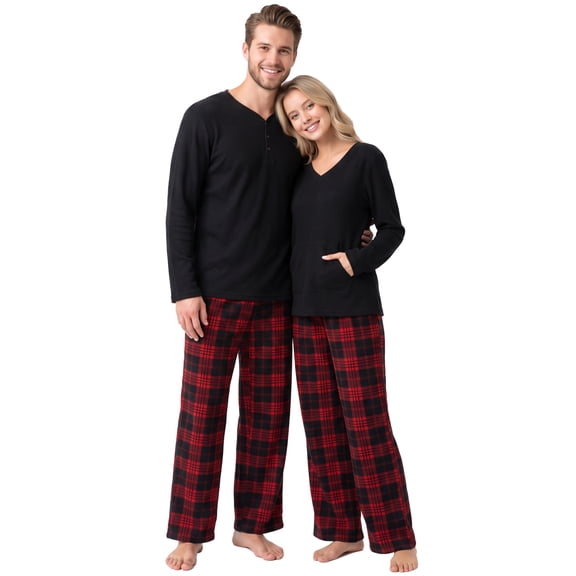 U2SKIIN Couple Pajama Sets, Plaid Matching Pajama Set for Men and Women Soft Warm Pjs Set(Black/Red-black Plaid Mens, Large)