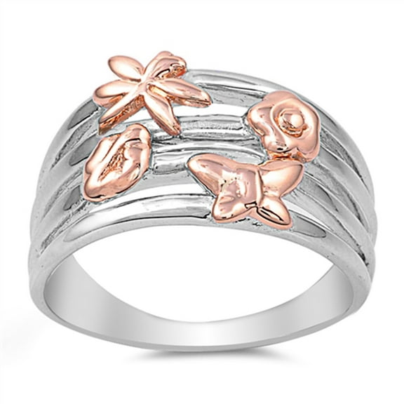Rose Gold-Tone Dragonfly Butterfly Flower Ring Sterling Silver Band 925 Jewelry Female Male Size 8