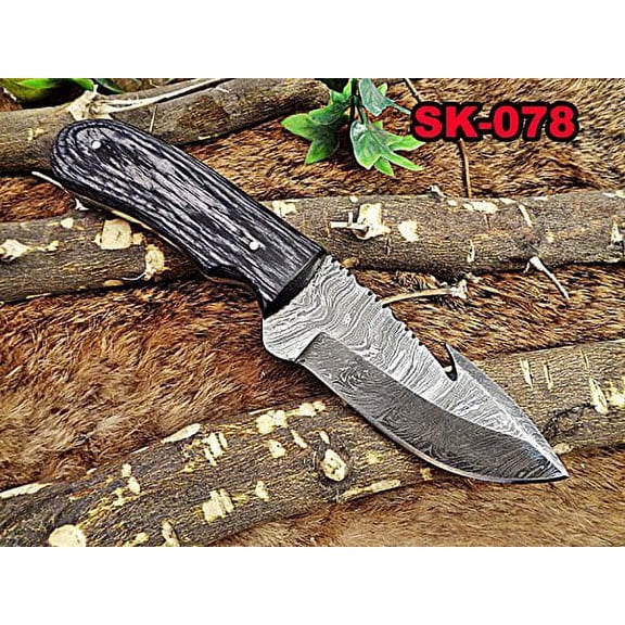 8" Long skinning knife, 4" full tang gut hook blade, hand forged Damascus steel, 2 tone Dollar wood scale, Cow Leather sheath