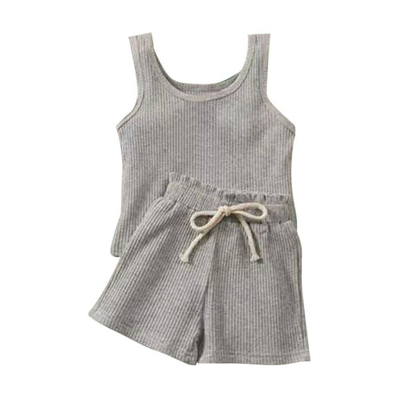 Otqutp Kids Birthday Bodysuits Summer Boys and Girls Solid Color Sleeveless Round Neck T Shirt Casual Tie Shorts Two Piece Suit Spring Summer Set