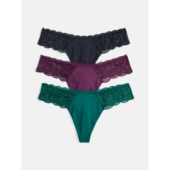 Joyspun Women's Microfiber and Lace Thong Panties, 3-pack, Sizes to 3XL