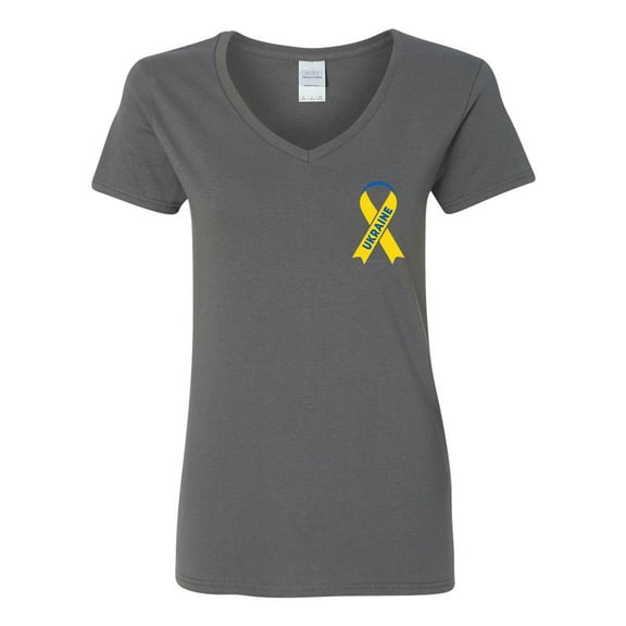 V-Neck Ladies Left Chest Ribbon Ukraine Ukrainian Pride DT T-Shirt Tee