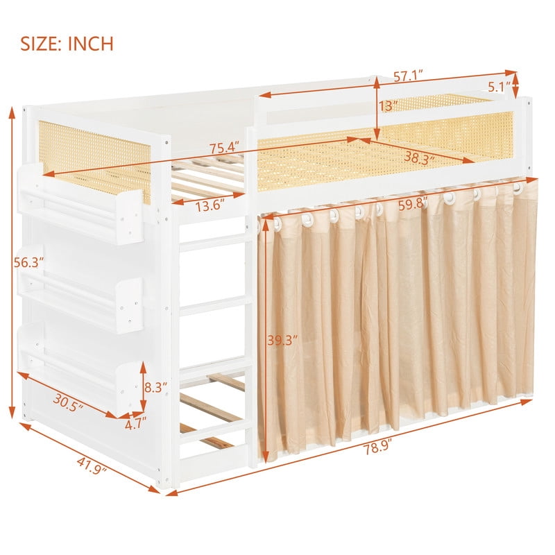 Twin-Over-Twin Bunk Bed with Bedside 3-Tier Storage Bookshelf, Teens/Kids Rattan Guardrail Bed Frame with Curtain & Light