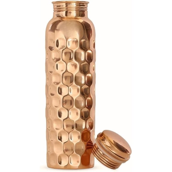 Copper Water Bottle 34 Oz (1 Litre) Extra Large | Hammered Pure Copper Drinking Bottle | Leak-Proof Copper Vessel for Daily Water I
