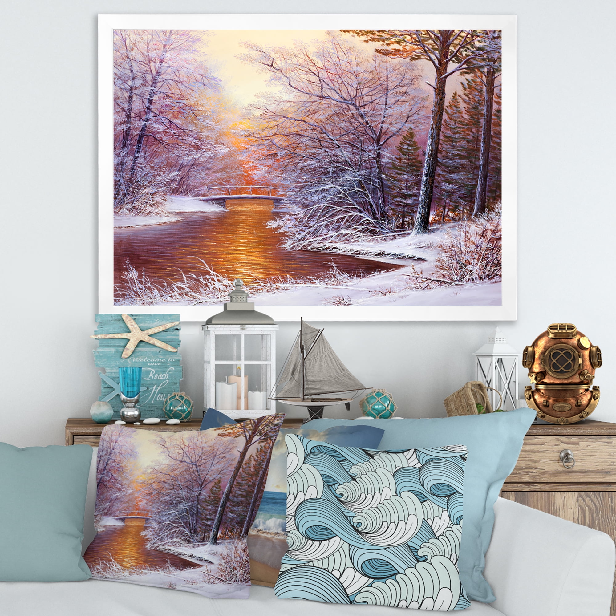 Designart 'Christmas Forest With Trees and River II' Traditional Framed Art Print