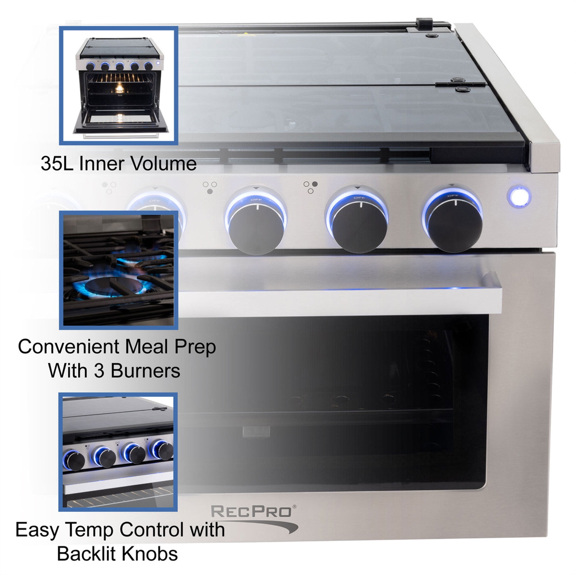 RecPro 21 Inch 3 Burner Propane RV Stove Gas Range without Hood, Silver