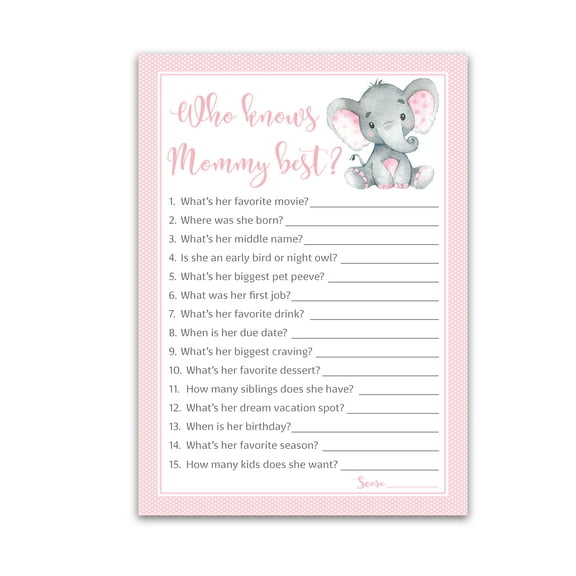 PINK ELEPHANT Baby Shower Games Who Knows Mommy Best - Pack of 25 - GIRL Baby Shower Game, New Parent Couples Coed Funny Guessing Game Shower Activity, Questions Mom-to-be Polka Dot SKU G500-WKM