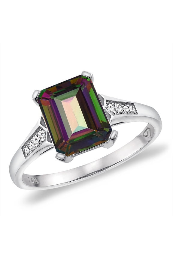 14K White Gold Natural Mystic Topaz Ring 9x7 mm Octagon with Diamond Accent, size 8