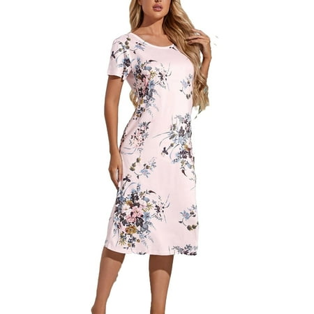 

Casual Floral Print Round Neck Sleepshirts Short Sleeve Baby Pink Women s Nightgowns (Women s)