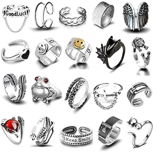 20 Pcs Ouvert Anneaux Grenouille Feuille Chaîne Réglable Anneau pour les Femmes Hommes Filles Punk Vinta