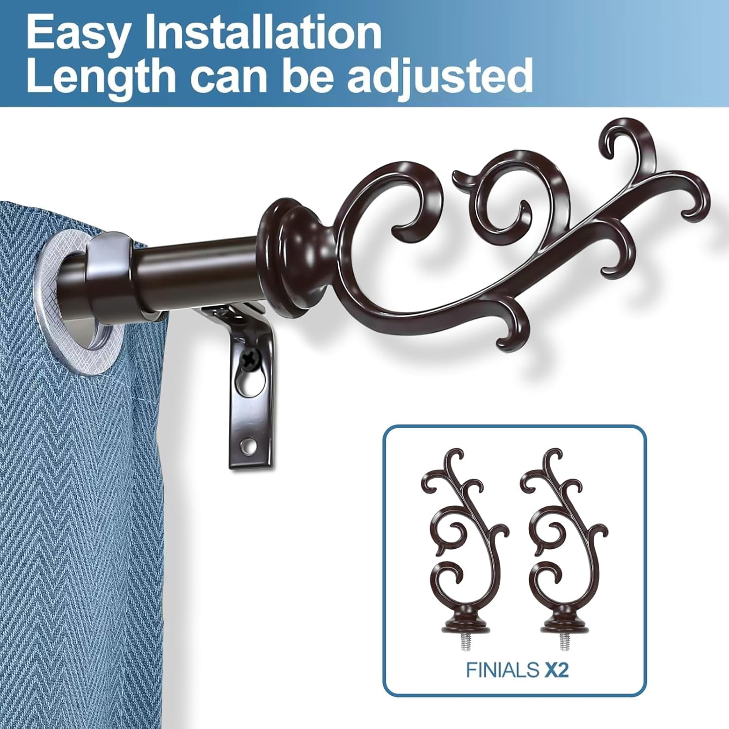 Urbanest Adjustable Single Curtain Rod Set Julietta Finials – 5/8 -Inch Diameter, With Bronze Rod, 48–84 Inches