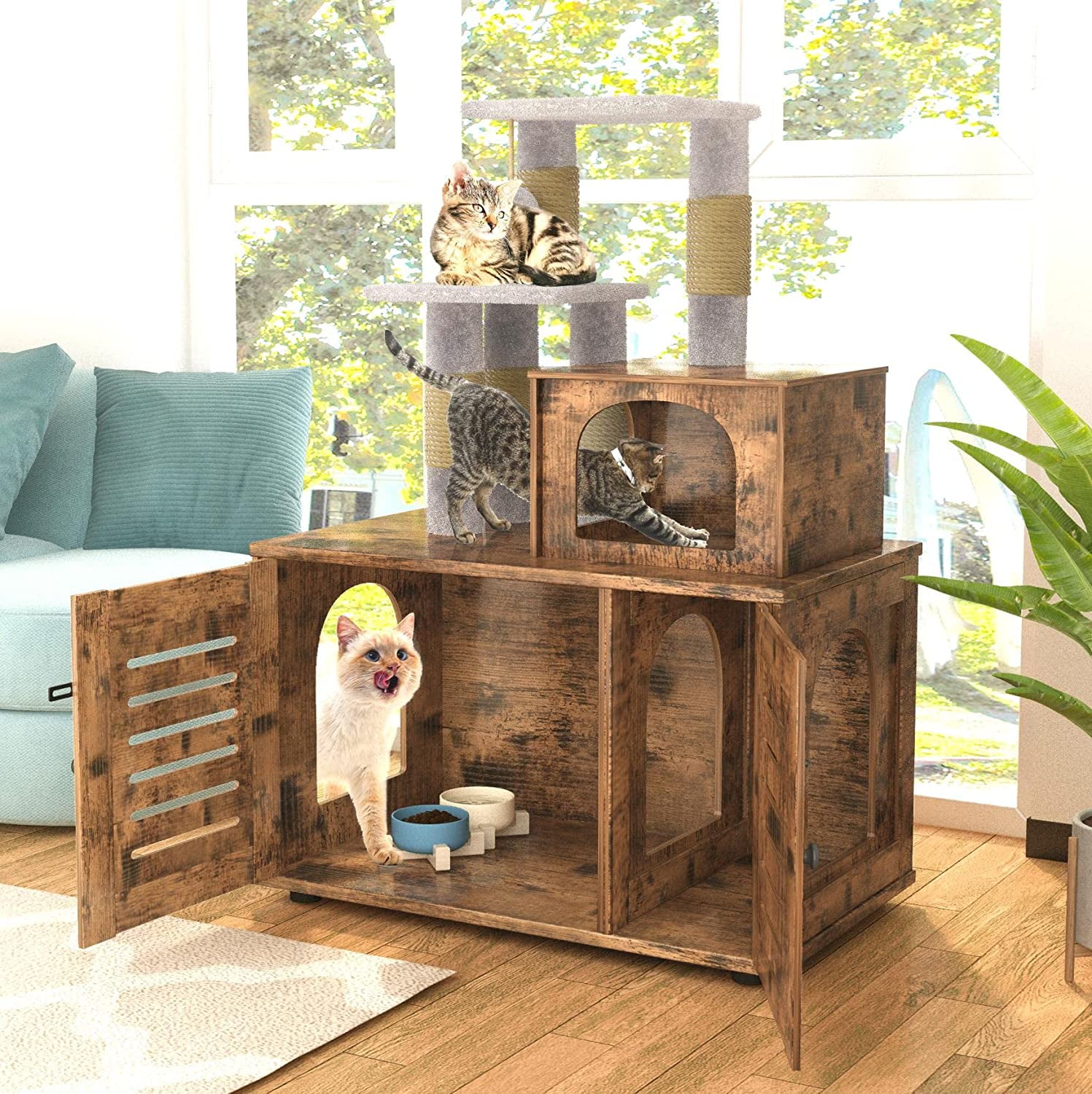 Cvortll Cat Litter Box Enclosure,Hidden Kitty Washroom,Multifuctional Enlarged Cat Litter Cabinet Cat House with Cat Tree Tower Scratching Post,Removable Divider,Rustic Brown