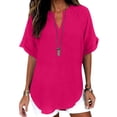 thumbnail image 2 of Womens Cotton Linen Tops Casual V Neck Blouse Loose Fit Short Sleeve Shirt Lightweight Summer Beach Vacation Clothes by Gbobgt Hot Pink L, 2 of 6