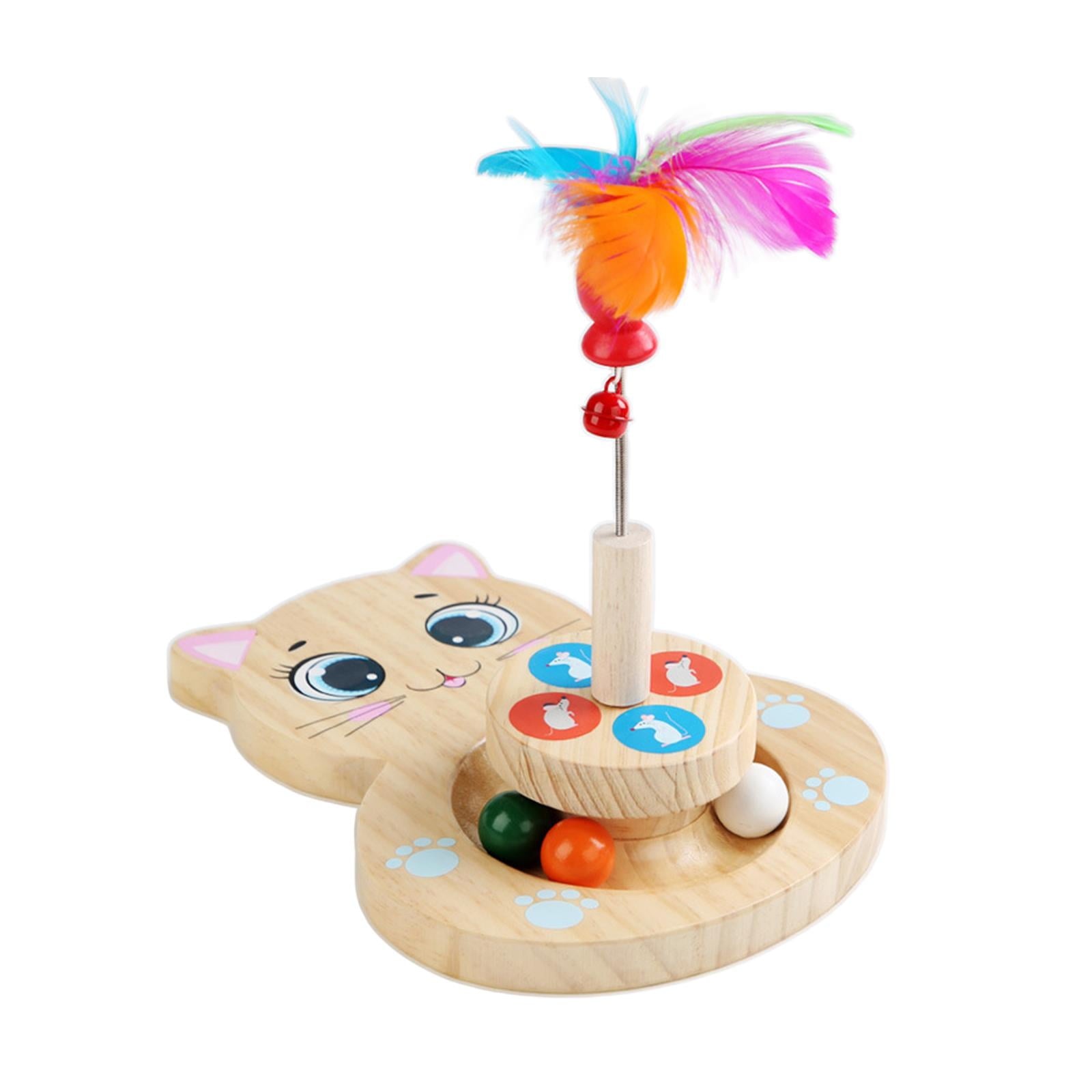 Wooden Cat Toy, Cat Turntable with Balls, Cat Toy Feather Stick, Feather Teaser, Interactive Training Toy , Cat Shaped