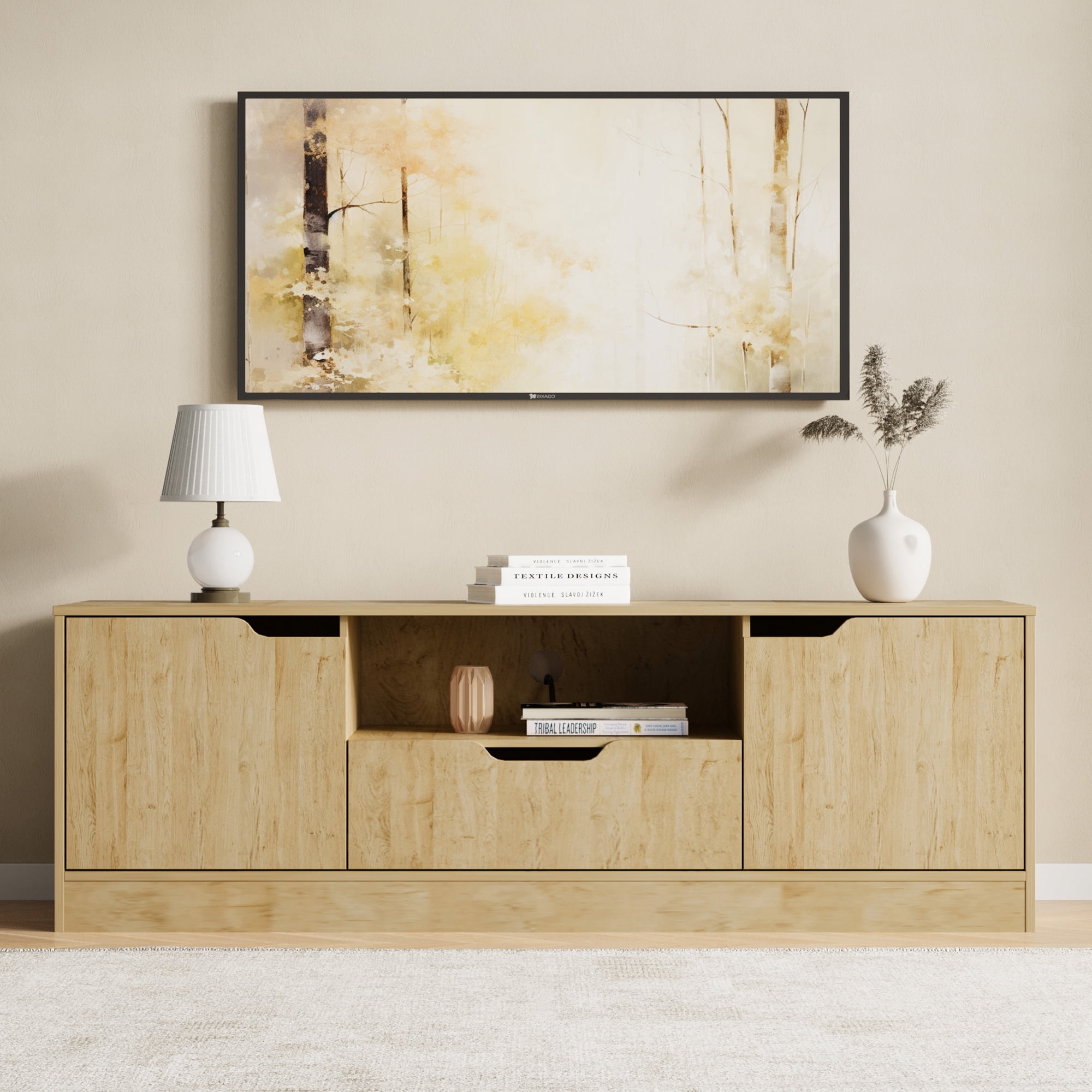 Modern TV Stand for 55/60/65 Inch TV, Media TV Console Table with 2 Doors & Drawer, Entertainment Center with Storage Cabinet for Living Room, Bedroom, Oak