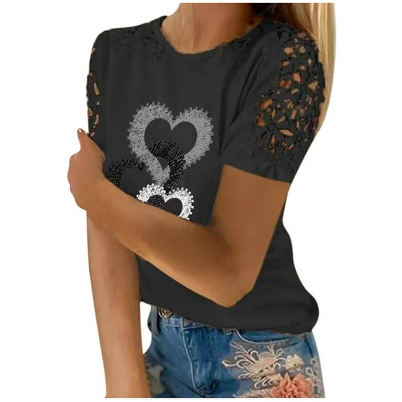 Womens Plus Size,Women T-Shirt Tops Print Lace Hollow Out Short Sleeve Pullover Slimming Blouse