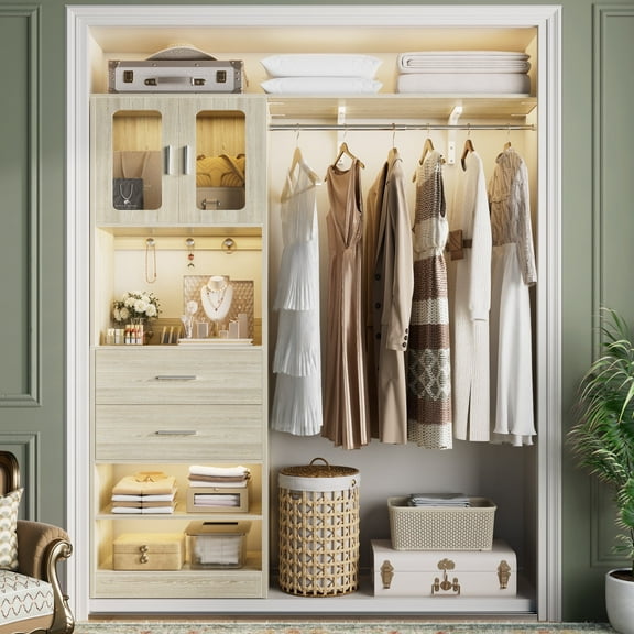 Homieasy 5FT Closet System with Drawers, 60" Closet Organizer with Shelf Tower and Hanging Rod, Garment Rack for Bedroom/Closet/Apartment, White Oak