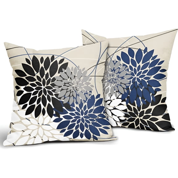 ACDANC Black Blue Pillow Covers 18x18" Dahlia Flower White Gray Elegant Colored Throw Pillows Farmhouse Outdoor Decor for Home Living Room Sofa Couch Bed Modern Floral Linen Square Cushion Case
