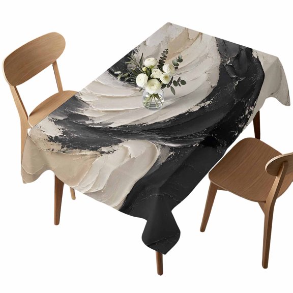 Waterproof Tablecloth Abstract Geometric Art Rectangle Table Cloth 52x70in,Wipeable Washable Table Cover Ombre Beige Black Wavy Tablecloths for Dining Tables Kitchen Picnic Camping Outdoor Party