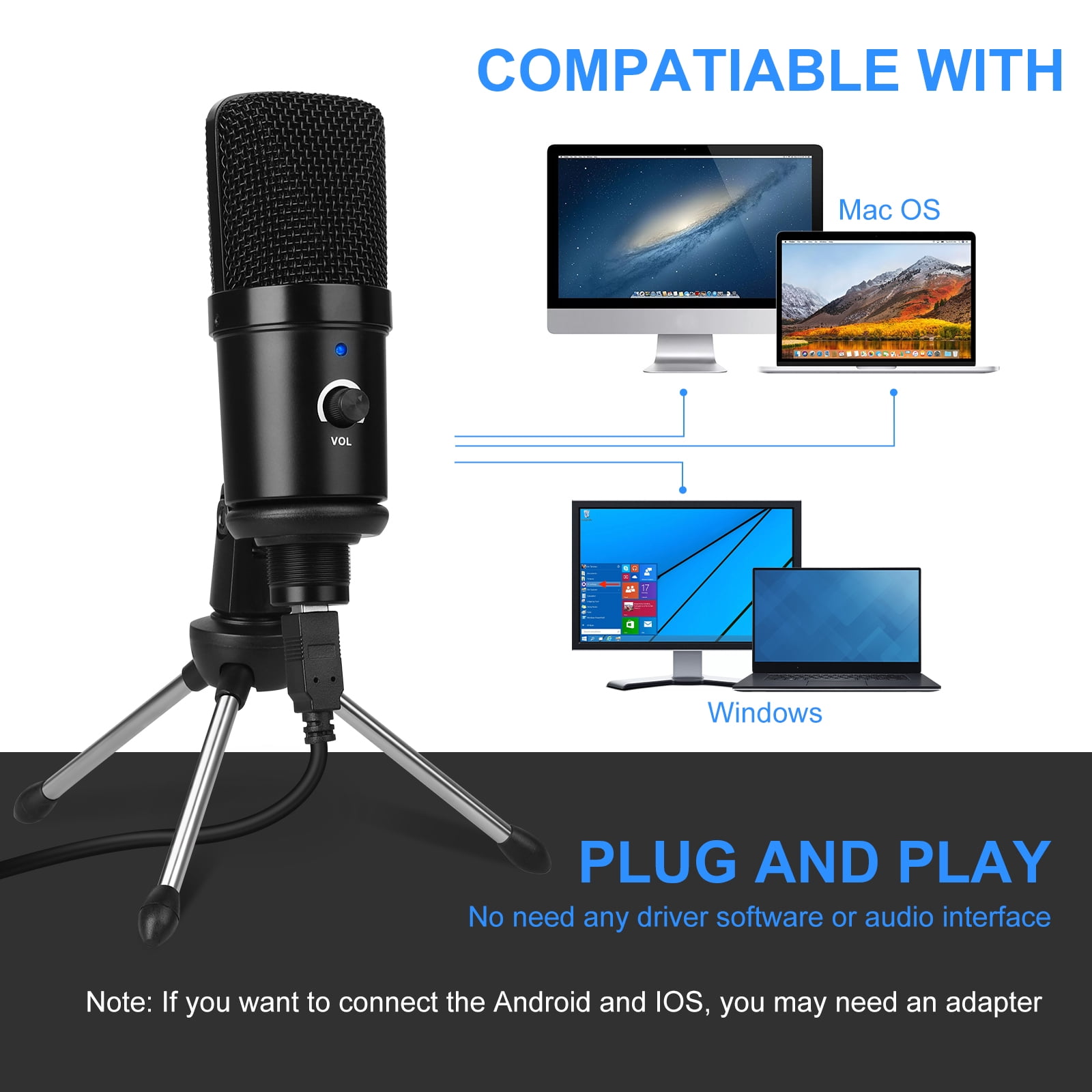 USB Microphone, USB Condenser Microphone with Noise Cancelling for Recording/Podcasting/Streaming/Gaming, Metal Recording Mic Compatible with Computer PC/MAC/iPhone/iPad/Android