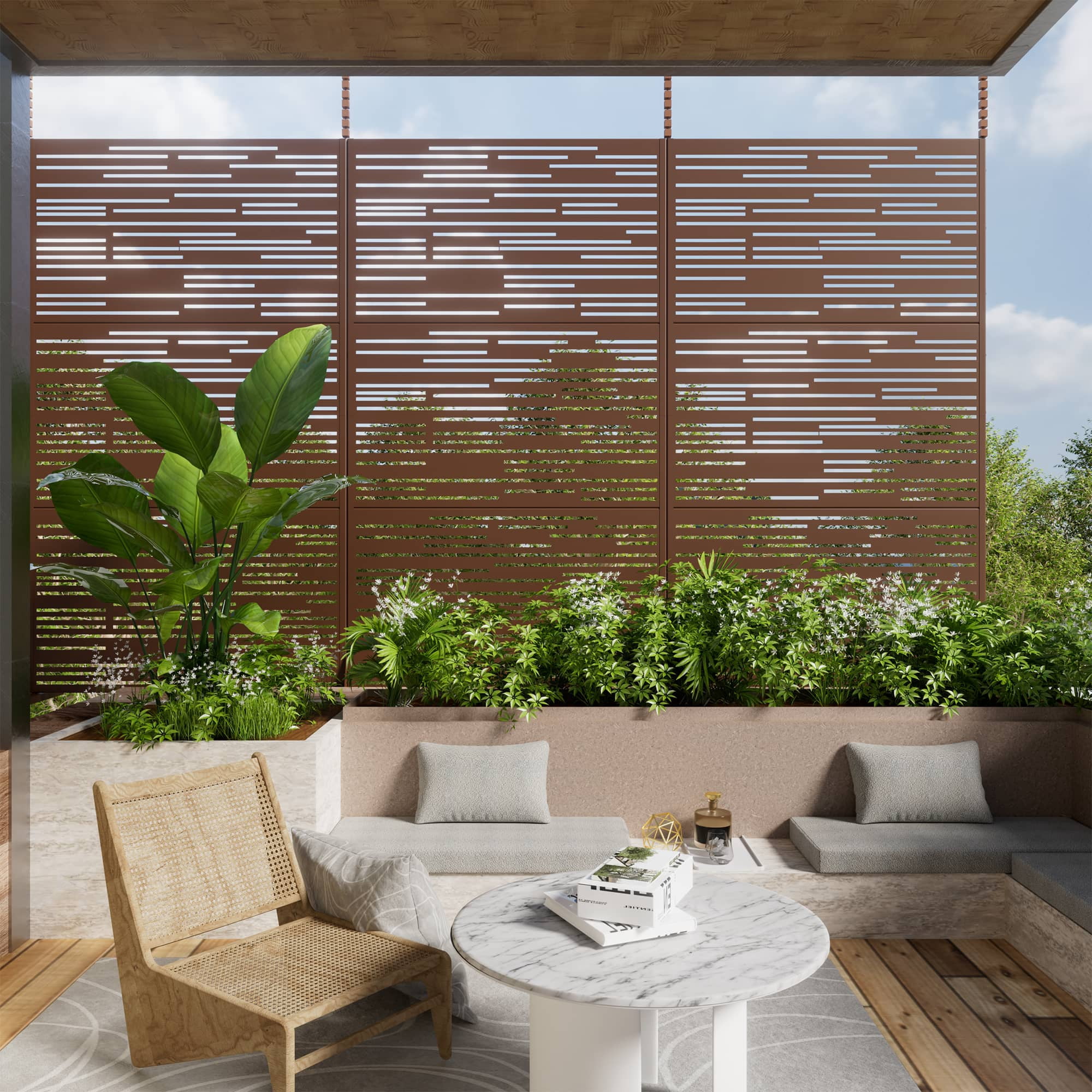 MAYEERTY 72" × 47" Outdoor Privacy Screen, Metal Decorative Screen, Brown