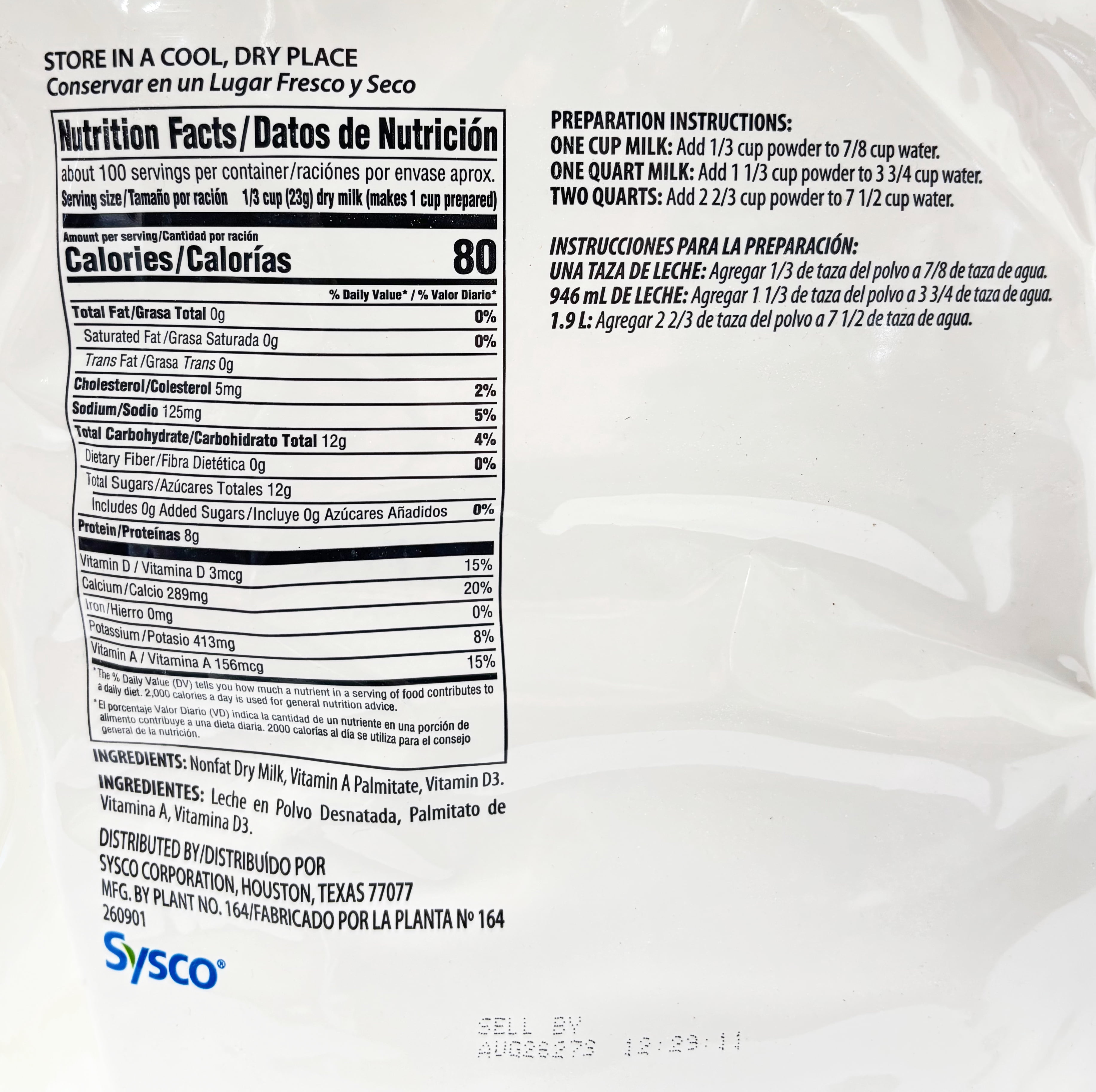 Sysco Classic Instant Nonfat Dry Milk | Fortified with Vitamin A & D | Kosher | 5 lb