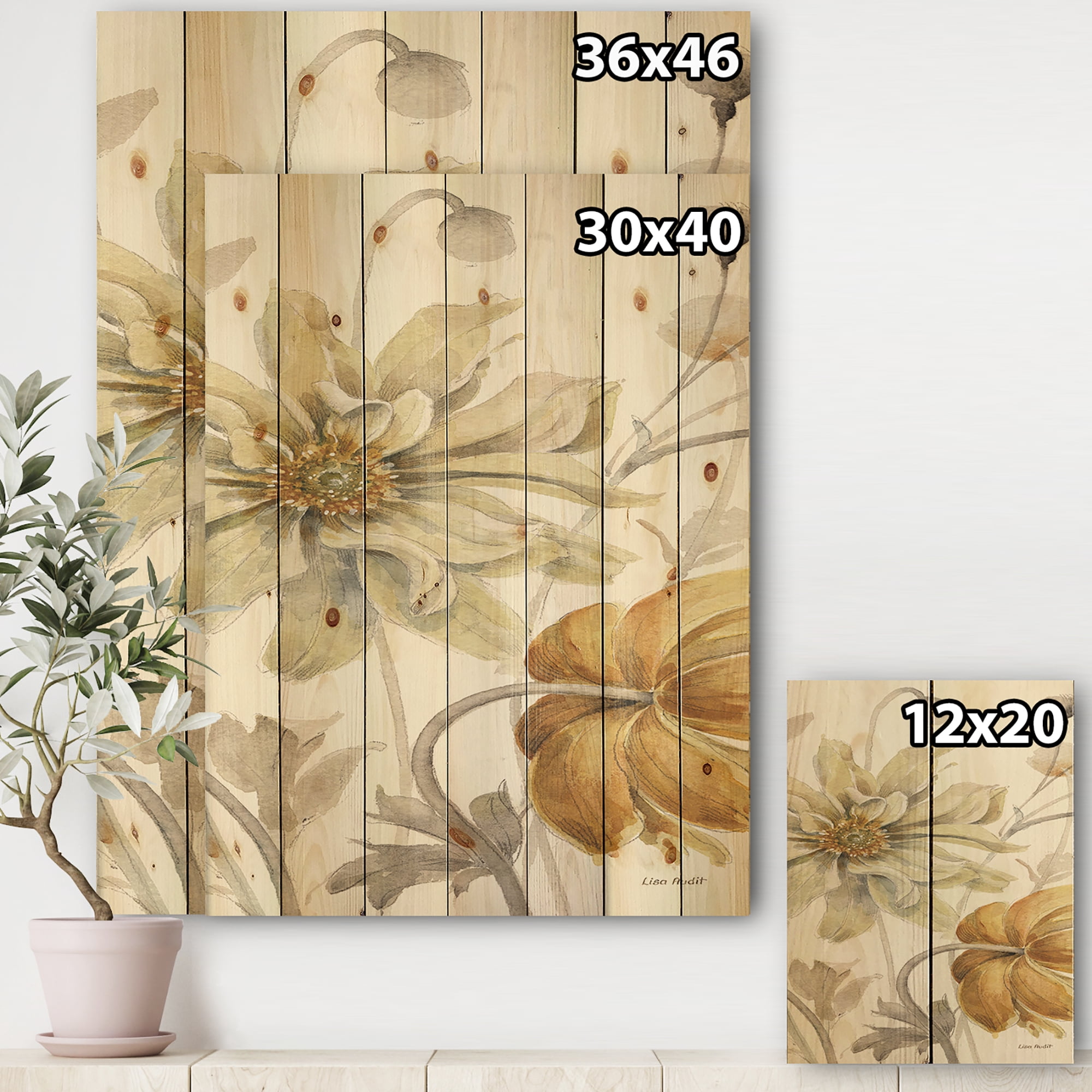 Designart 'Fields of Gold Watercolor Flower I' Cabin & Lodge Print on Natural Pine Wood